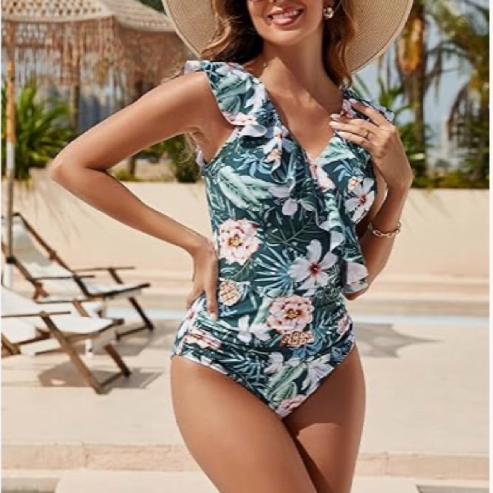 Blooming Jelly V-Neck Ruffle Trim Tummy Slimming Swimsuit